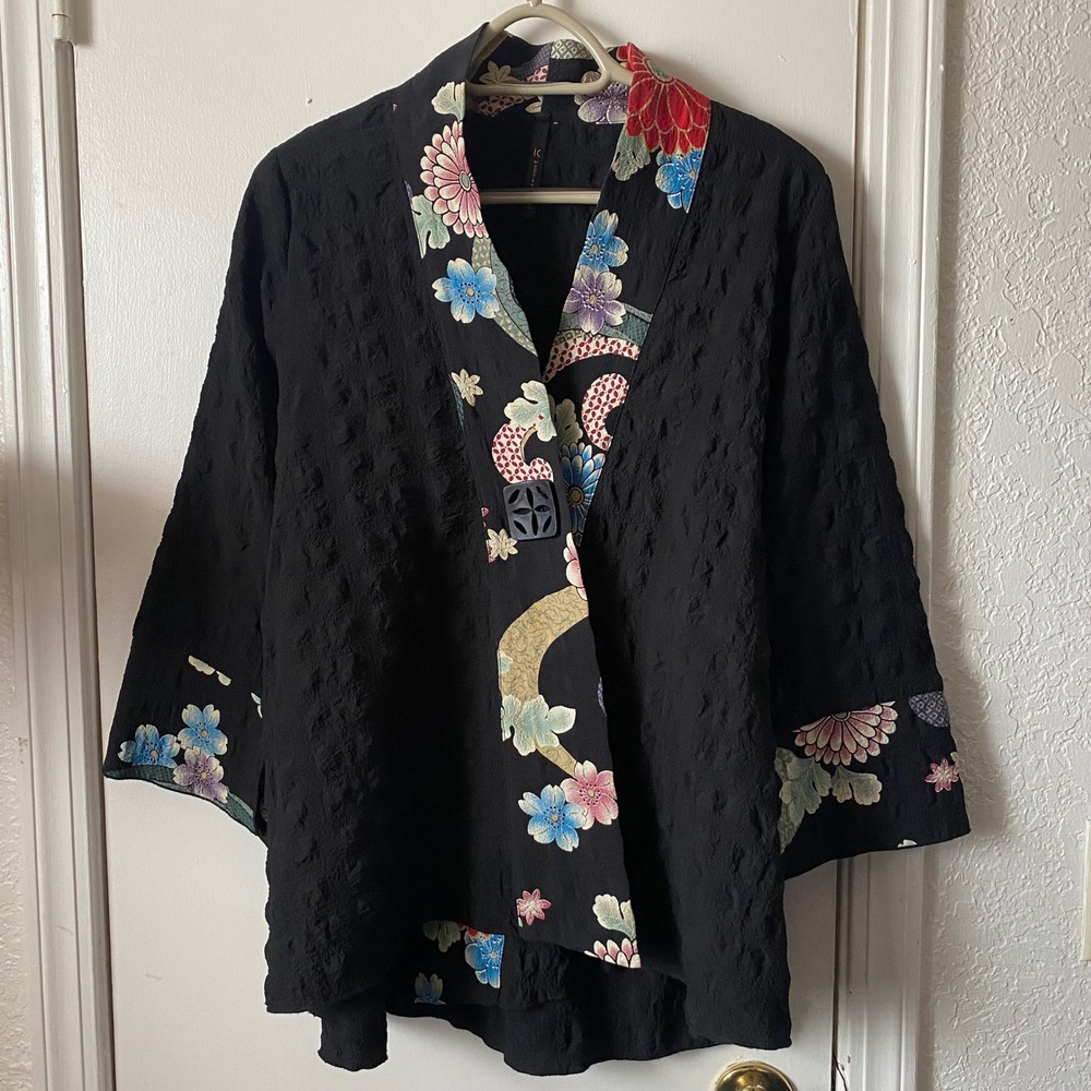 IC by Connie K Floral Trim Textured Kimono Cardigan Black Large 1648J USA Made